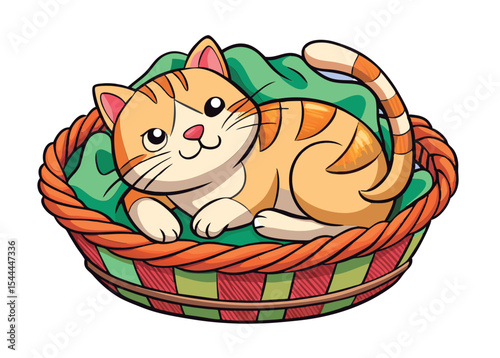 Cute orange tabby cat in a cozy basket.