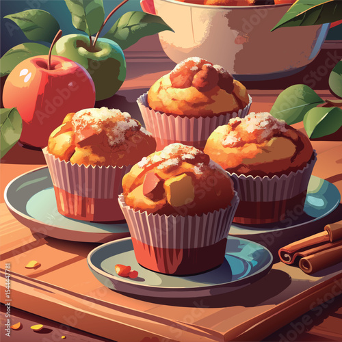 Delicious apple muffins on a wooden table.
