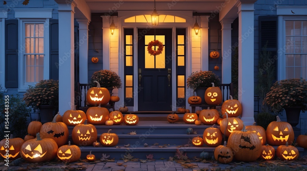 Obraz premium Glowing Pumpkins and Autumn Decor on a Porch — A Symbol of Homely Warmth, Seasonal Magic, and the Celebration of Fall
