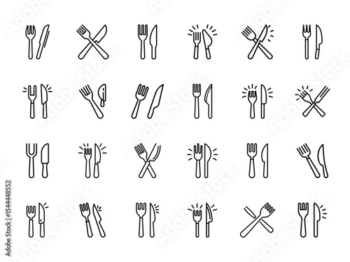 Glowing Fork and Knife Icon Set – Minimalist Outline Vector Collection of Cutlery Illustrations with Spark Effects for Restaurant, Menu, and Food Service UI Design