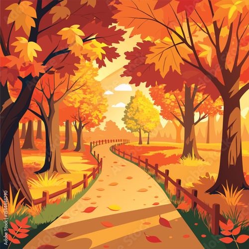 Autumn path through colorful trees.