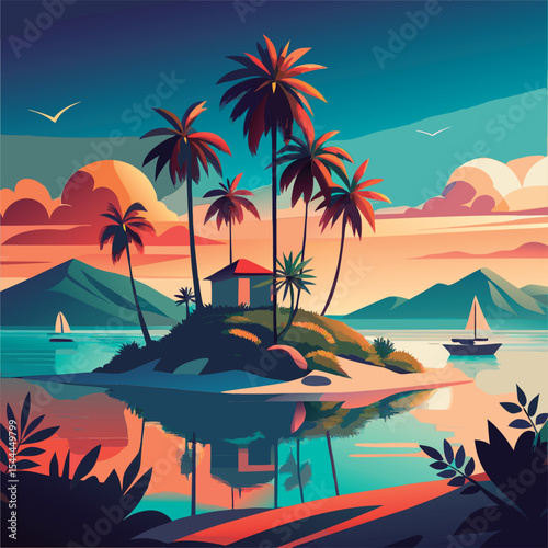 Tropical island paradise at sunset.