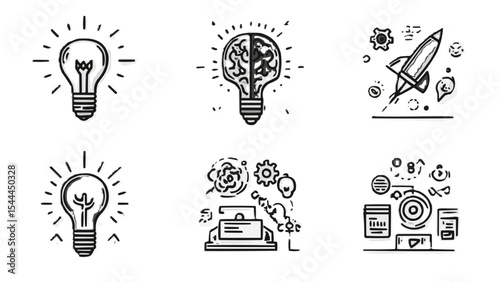 Creativity icon set. Containing images of the brain, neural connections, new ideas, insights, tools and much more. Editable line icons. Vector illustration.