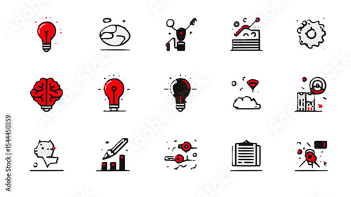 Creativity icon set. Containing images of the brain, neural connections, new ideas, insights, tools and much more. Editable line icons. Vector illustration.