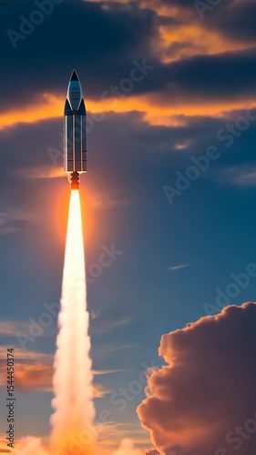 Rocket flying and Sunset Rays Beaming Through Blue Sky	
