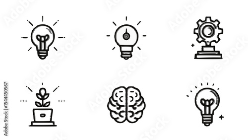 Creativity icon set. Containing images of the brain, neural connections, new ideas, insights, tools and much more. Editable line icons. Vector illustration.