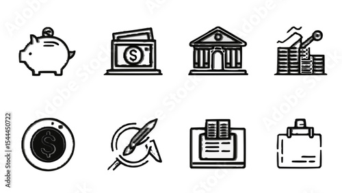 Money icon set. Containing an image of a piggy bank, money, a bank and much more. Editable line icons. Vector illustration.