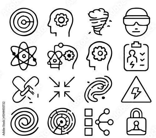 Collection of sixteen outline icons, each representing a different concept