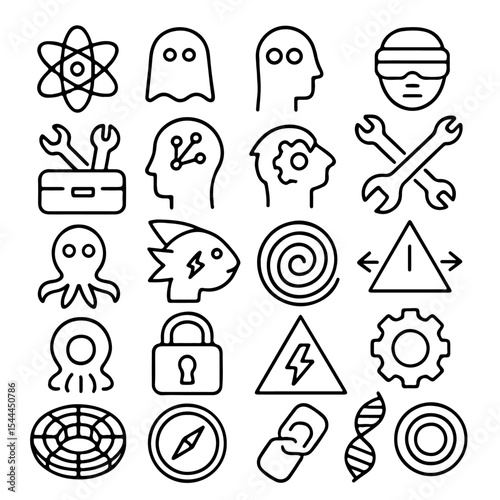 A collection of various concept icon with clean line drawings in the science and technology realm
