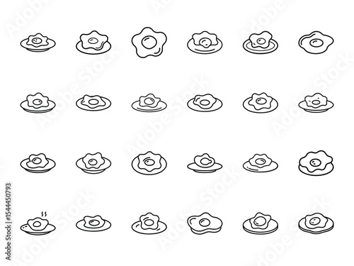 Hand-Drawn Fried Egg Icon Set – Minimalist Breakfast Food Vector Illustrations Featuring Outline Sunny Side Up Eggs on Plates for Café, Menu, and Culinary Design Projects