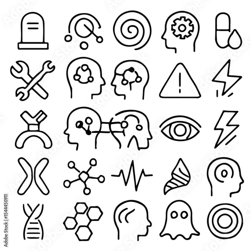 A series of icons representing different concepts related to human mind and medical science. The icons are simple and symbolic