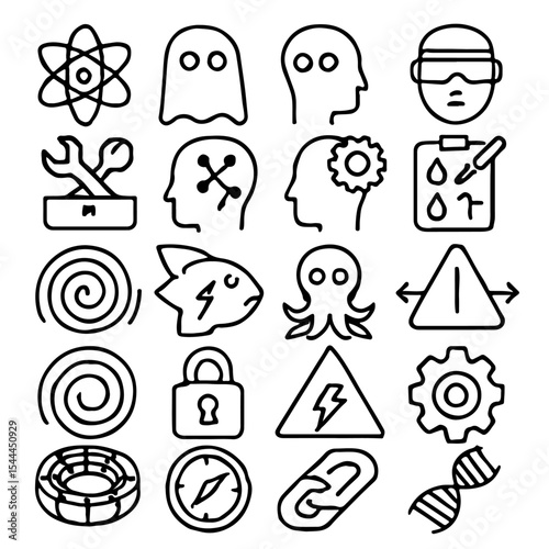 Collection of twenty simple line icons depicting various scientific and technological concepts