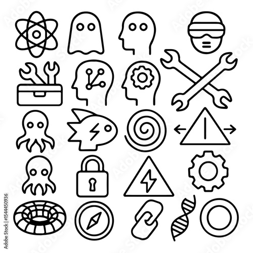 A collection of various line art icons with a science theme