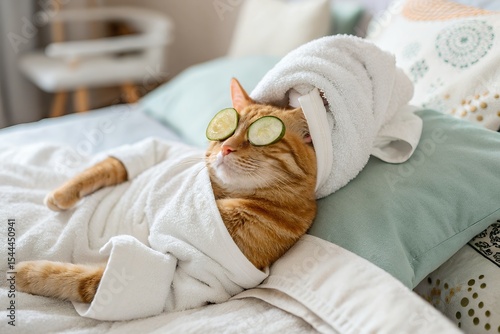 Relaxed orange cat in white bathrobe with cucumber eye masks
