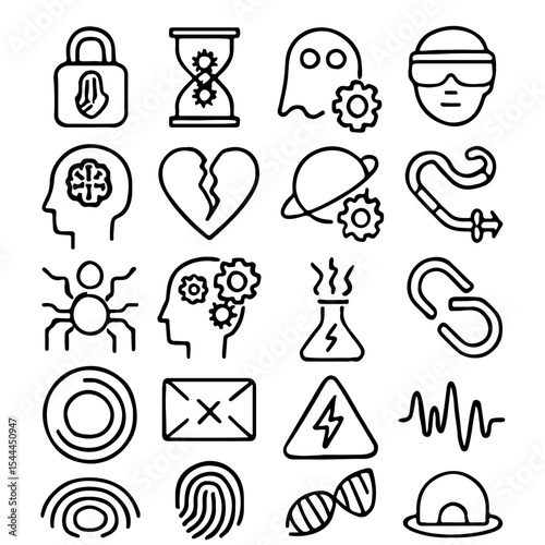 A collection of various icons with different concepts and symbols. These line art icons represent diverse ideas, from security and time to creativity and danger.