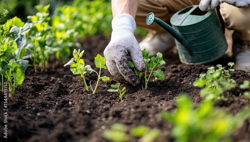 Close-up of person tending a garden bed. A gloved hand plants a seedling while watering can nearby Close-up of person tending a garden bed. A gloved hand plants a seedling while watering can nearby