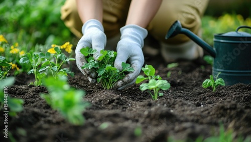 Close-up of hands in white gardening gloves planting small green plants in dark soil. Watering can visible in the background