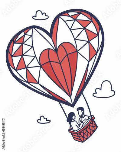 Romantic Heart-Shaped Hot Air Balloon with Couple in Love