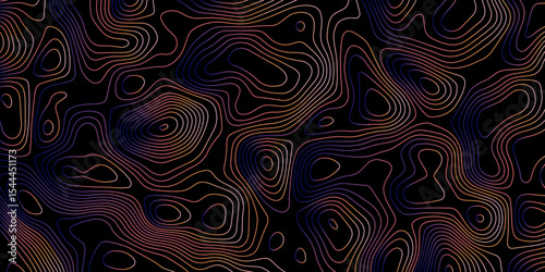 Abstract gradient multicolor on black background with Topographic line map pattern, Topographic map lines, contour background, wavy and curved lines background, Geographic map.