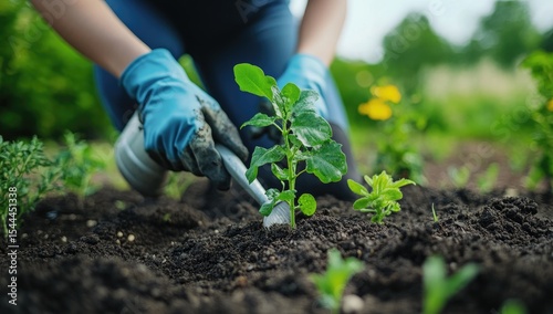 Close-up of hands in blue gardening gloves planting a seedling in dark rich soil.  Sunlight filters through foliage in the background