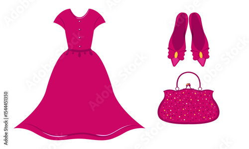 A woman's dress, pumps and a bag. Pink in color. Flat style.