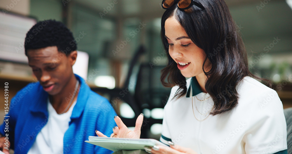 Fototapeta premium Education, smile and tablet with students in library together for development, learning or study. App, information and knowledge with friends on college or university campus for exam preparation