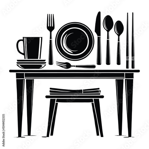 Simple table setting silhouette with cutlery and chopsticks