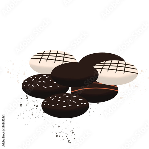 Vector illustration of assorted chocolate cookies with decorative toppings. Perfect for dessert menus, food packaging, and festive confectionery themes.