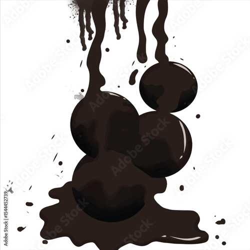 Vector illustration of stacked chocolate truffle balls drenched in flowing melted chocolate with splash and puddle effects. Ideal for dessert posters, packaging and chocolate day promotions.