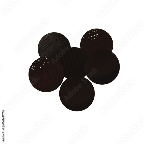 Vector illustration of assorted round chocolate cookies with various textures and toppings. Great for dessert branding, packaging, and sweet snack themes.