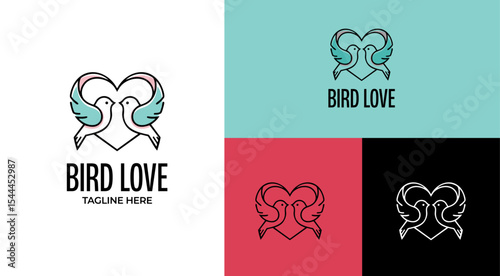 Romantic love bird logo with two birds forming a heart. Elegant vector icon for weddings, relationships, peace, freedom, or minimalist branding use.
