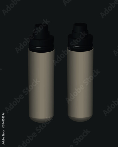 Two  bottles colored cream with black caps, standing upright against a dark background.