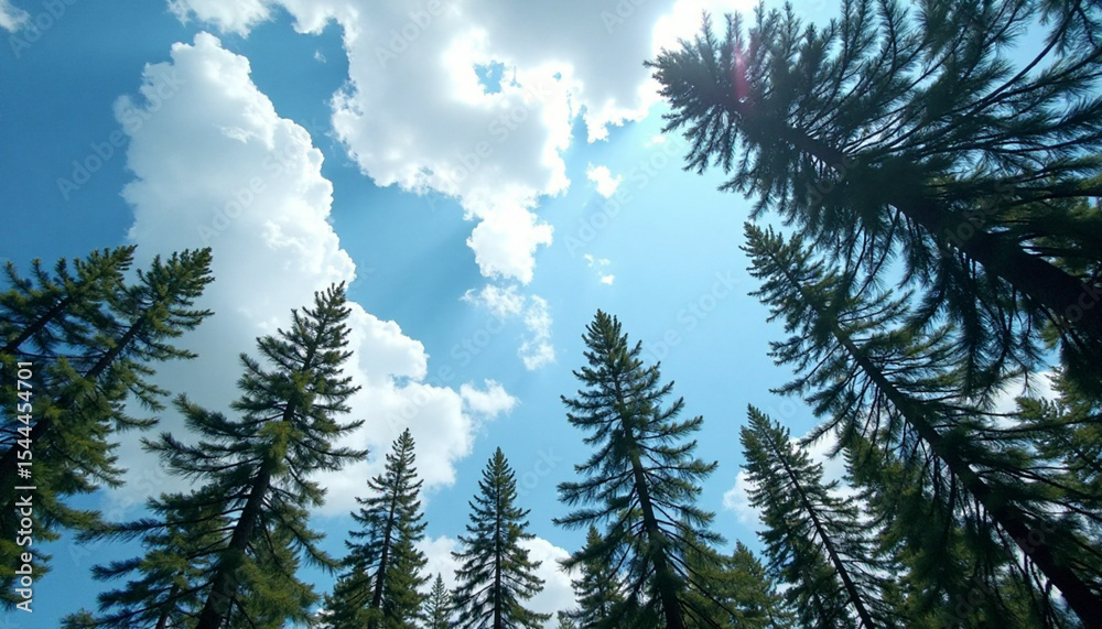 Fototapeta premium An eye-level, low-angle shot of tall pine trees reaching towards a bright, partly cloudy sky.