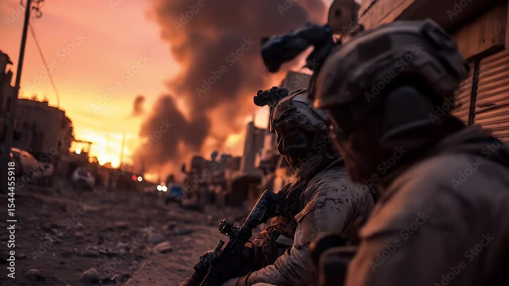 Two Soldiers in Military Uniform with Rifles Amidst Smoke Filled City At Sunset Offering Protection Against the Ravages of War and Threat of Terrorism Two Soldiers in Military Uniform with Rifles Amidst Smoke Filled City At Sunset Offering Protection Against the Ravages of War and Threat of Terrorism