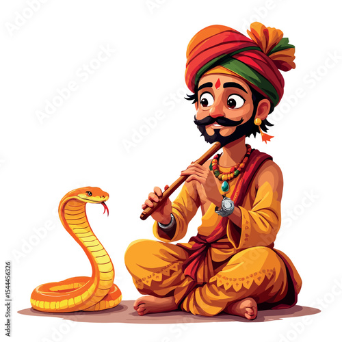 Vsai indian snake charmer playing flute with cobra listening