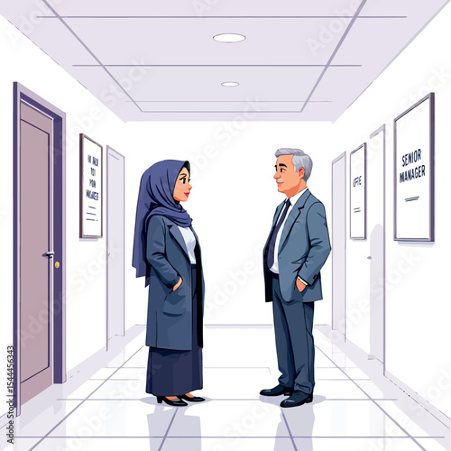 Vsai businesspeople talking in office hallway, muslim woman and senior manager communicating