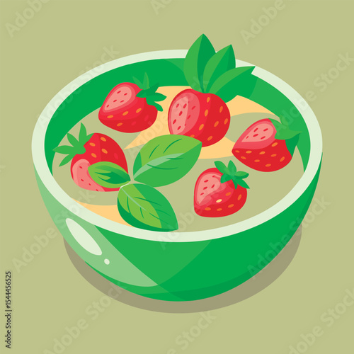Fresh strawberries in a green bowl.