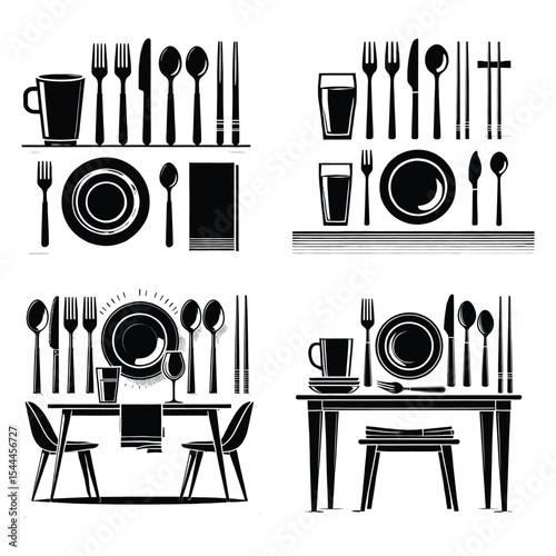 Table setting silhouettes dinnerware and cutlery illustrations