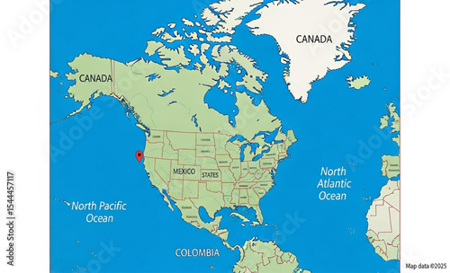 Illustration of North America map with the location of Portland, Oregon
