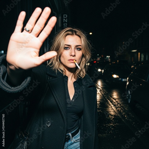 Night time photo of a female model celebrity smoking a cigarette, one hand up trying to stop paparazzi from taking a picture,  privacy, urban, city night, street lights, candid, attitude, edgy, glam