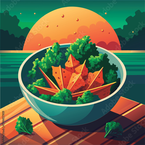 Colorful bowl of kale and crispy bites.