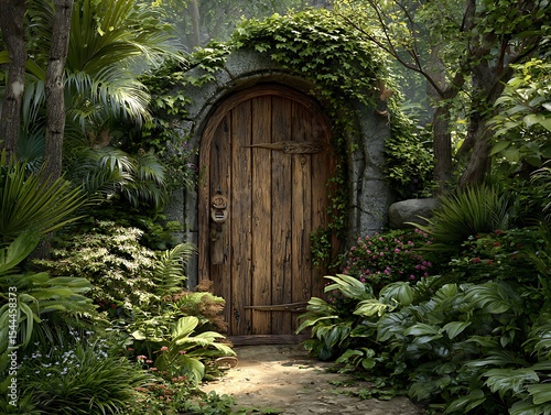 Enchanting Wooden Doorway in a Lush Jungle Garden, A mystical doorway, crafted from weathered wood, is nestled within a vibrant, overgrown jungle garden.