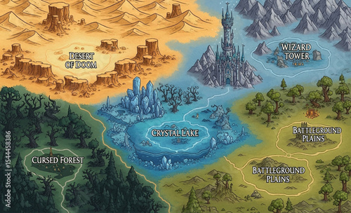 Fantasy world map illustration with different terrains