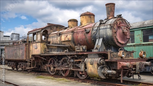 Restored vintage steam locomotive with weathered textures and rusted details, displayed outdoors on railway tracks beside an old train depot.