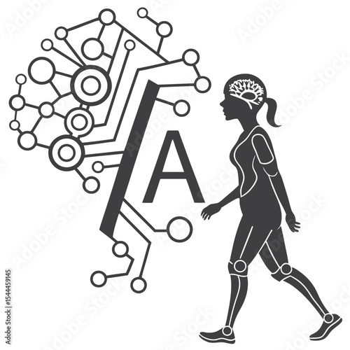 Woman with artificial leg walking connected to neural network