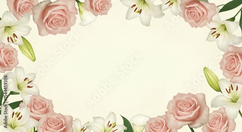 優美なバラとユリの花枠 淡い光で輝く背景. AI Generated