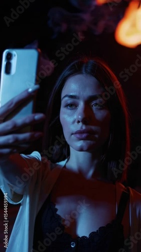 Woman Taking Selfie by Bonfire at Night