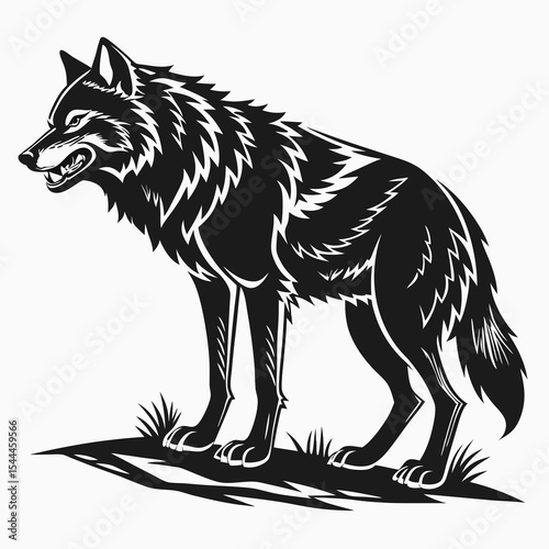 Stylized black and white wolf standing on grass with detailed fur and menacing expression shown clearly created with generated ai