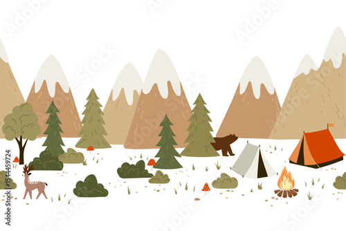 Cute hand-drawn vector seamless pattern with drawings for camping, tents, mountains, wild animals, landscape, great for textiles, banners, wallpaper