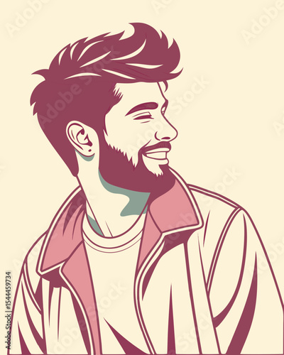 Illustration of a smiling man with a beard wearing a jacket looking to the side with styled hair created with generated ai